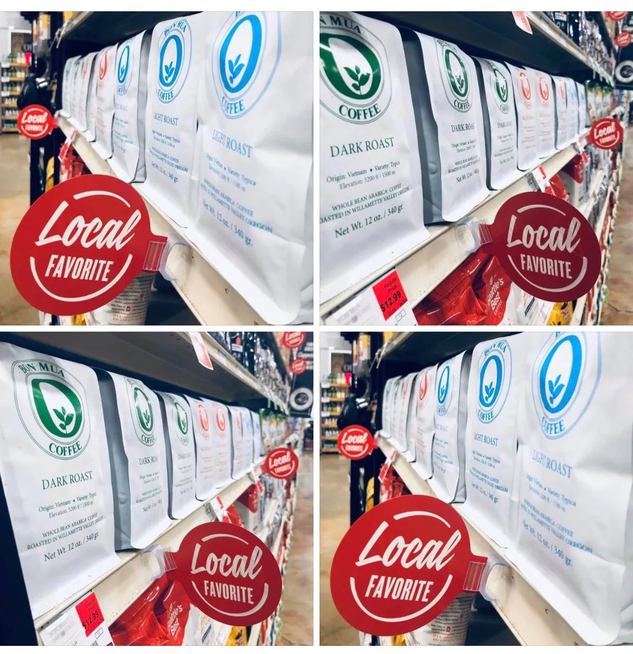 Bon Mua coffee bags on a grocery shelf marked with red 'Local Favorite' tags in the coffee aisle.