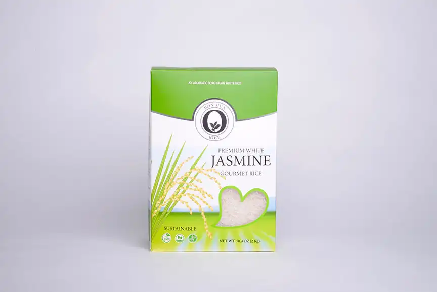 A box of Bon Mua premium white jasmine rice with a rice-plant illustration.